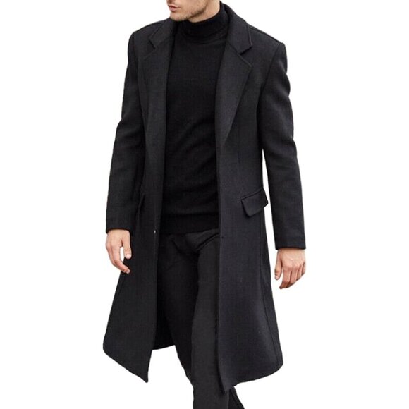 Men's Black Casual Trench Coat Slim Fit Notched Breasted Long Jacket Overcoat